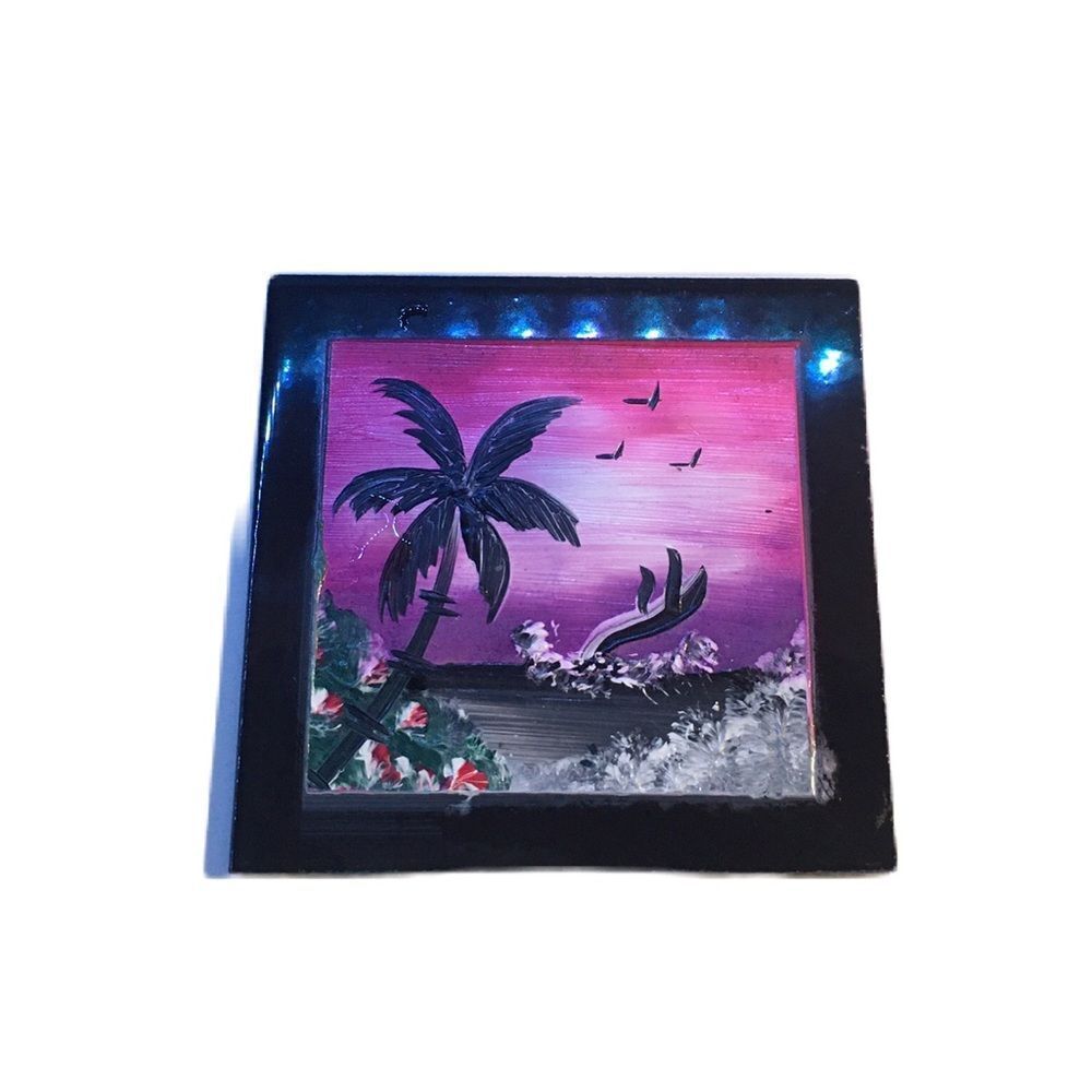 Hand Painted Colorful Coaster Set Of 2 Pink Purple Black